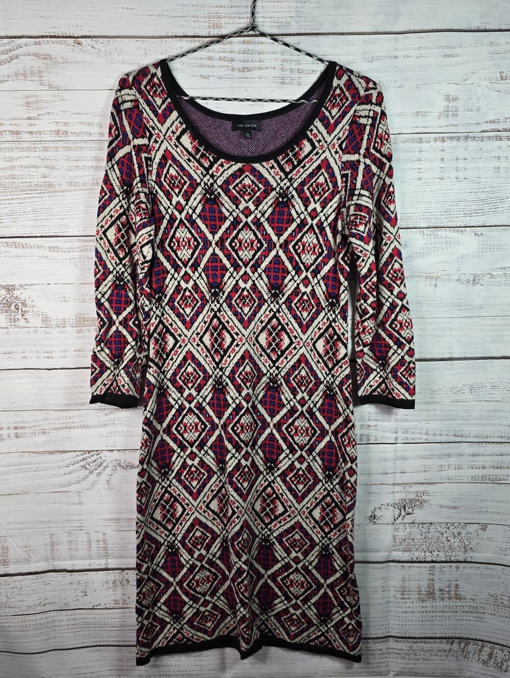 The‎ Limited Geometric Sweater Dress XS Red Blue Black Knit Long Sleeve